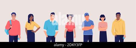 Vector of a group of multicultural students young men and women in casual clothes. Stock Vector