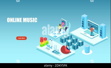 Vector of people listening, creating music using smartphone, laptop, mixer and other devices Stock Vector