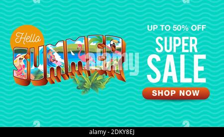 Summer sale banner with vintage summer holiday postcard style and waves background. suitable for banner, flyer, invitation, poster, web site or greeti Stock Vector