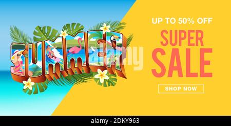Summer sale banner with vintage summer holiday postcard style and tropical leaves background. suitable for banner, flyer, invitation, poster, web site Stock Vector