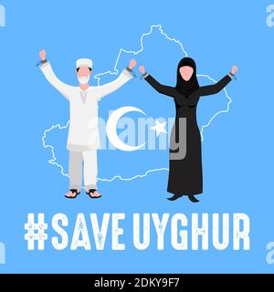 save Uyghur vector Illustration. Uyghur peoples raising hands and broken chains the symbol of freedom Stock Vector