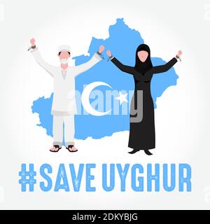 save Uyghur vector Illustration. Uyghur peoples raising hands and broken chains the symbol of freedom Stock Vector