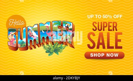 Summer sale banner with vintage summer holiday postcard style and waves background. suitable for banner, flyer, invitation, poster, web site or greeti Stock Vector