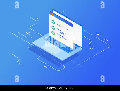 Isometric online voting concept. Questionnaire on pc computer, monitor display with exam paper sheet of document. Business feedback. Flat vector illustration. Stock Vector
