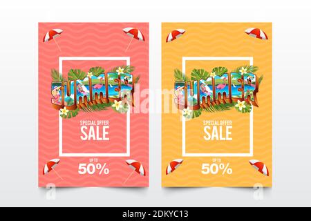 Summer sale banner with vintage summer holiday postcard style and waves background. suitable for banner, flyer, invitation, poster, web site or greeti Stock Vector