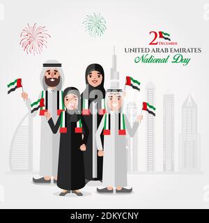 UAE national Day greeting card. Cartoon Emirati family holding UAE national flag celebrating United Arab Emirates National Day. vector illustration fo Stock Vector