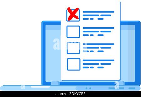 Poll, choice of questionnaire answer in online test on computer monitor isolated on white background. Red cross mark electronic document verification. Feedback business concept. Stock Vector