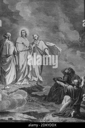 New Testament. Tranfiguration of Jesus. Jesus, Peter, James, John and prophets Moses and Elijah. Engraving, 19th century. Stock Photo