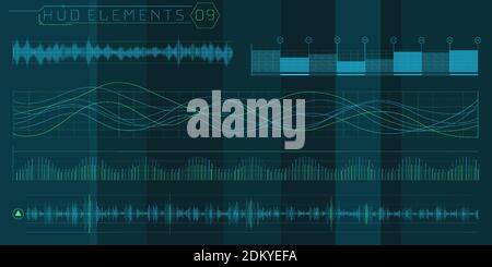 A set of HUD waves elements for a futuristic interface. Stock Vector