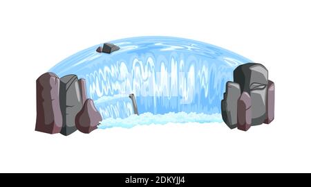 Waterfall cascade isometric view. Waterfall landscape with rocks and foam. Vector illustration in cartoon style Stock Vector