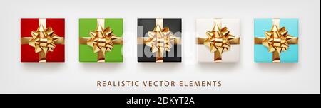 Collection of gift presents with golden foil bow. Set of 3d realistic gift boxes white, red, green, blue colors. Stock Vector