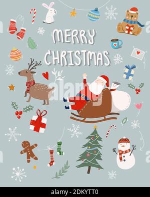 Merry Christmas – card, poster, illustration in bright colours green ...