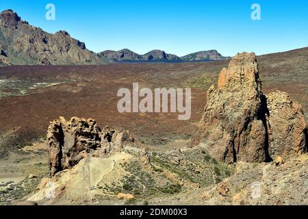 Spain, Canary Islands, Tenerife, people trekking in dry landscape named Llano Ucanca in Teide national park Stock Photo