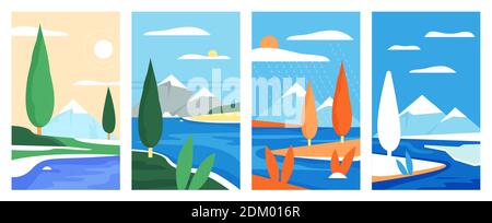 Mountain simple nature landscape vector illustration set. Minimalist natural seasonal vertical banners collection, summer winter spring autumn mountainous landscape with river, plants and trees Stock Vector