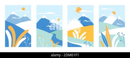 Mountain landscape, abstract nature vector illustration set. Cartoon geometric mountainous scenery, collection of coloful simple minimalist landscape design with triangular mountains, hills and plants Stock Vector