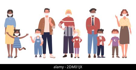 Parent people stand with children vector illustration set. Cartoon family characters standing together, mother, father and child wearing face medical mask to protect and care health isolated on white Stock Vector