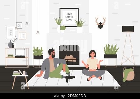 Hipster guy and girl talking vector illustration. Cartoon happy man woman friend or couple characters sitting on floor in cozy home living room interior, boyfriend and girlfriend spend time together Stock Vector