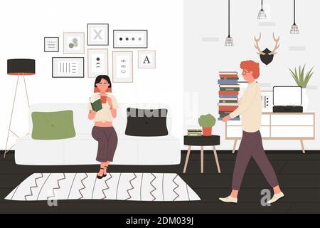 Students teens study and read together vector illustration. Cartoon happy young guy and girl friends characters studying, teenagers reading educational books in home living room interior background Stock Vector