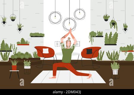 Yoga activity at home vector illustration. Cartoon active man character with beard doing yoga pranayama exercise, meditating, sport fitness mindfulness practice in home living room interior background Stock Vector