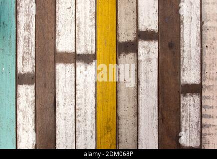 Closeup of the Ppainted plank table in the vintage style for background on the wooden table in the coffee cafe. Stock Photo