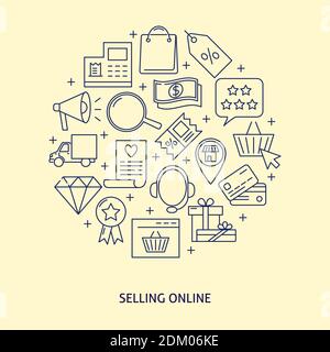 Selling online round concept banner in thin line style with text. E-commerce poster with outline internet shop symbols. Vector illustration. Stock Vector