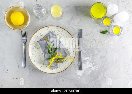 Ultimate Gray and Illuminating colors aesthetic elegant fine events table place setting overhead for weddings, birthday, Christmas, Thanksgiving or Va Stock Photo