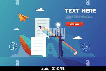 Positive business man with a giant pencil on his shoulder nearby marked checklist on a clipboard paper. Successful completion of business tasks. Flat Stock Vector