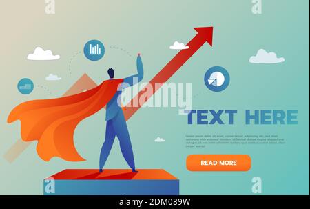 Young happy businessman as a superhero fly up to the success. Flat vector illustration The concept of victory Stock Vector