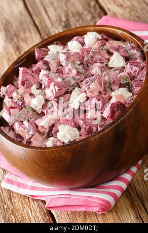 Beetroot Salad Dip With Greek Yogurt Patzarosalata closeup in the bowl on the table. vertical Stock Photo