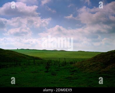 View to Priddy Nine Barrows from Ashen Hill Round Barrows, Wells, Somerset. Stock Photo