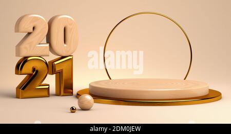 2021 wooden and gold podium on a neutral background for product presentation in 3D rendering Stock Photo