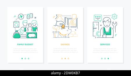Budget - vector line design style icons set with copy space for text. Financial management, finance mobile app, planning, banking idea. Savings, famil Stock Vector