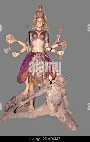 INDIA COCHIN KOCHI KERALA VERY OLD CARVED WOODEN HINDU FEMALE GOD WITH SIX ARMS SEATED ON LION WITH HER FEET ON MAN AND BUFFALO
