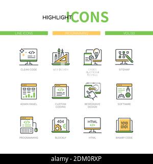 Programming - modern line design style icons set. Coding and website development service idea. Clean code, cross platform testing, sitemap, admin pane Stock Vector