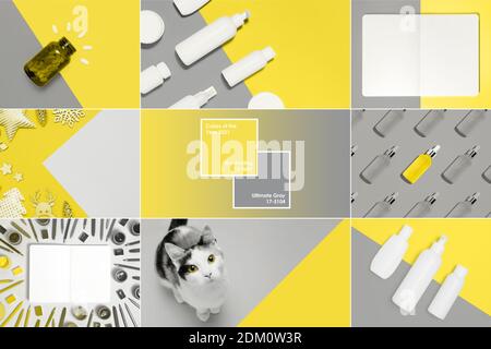 Collage demonstrating color of the year 2021 with frame and text. Trendy colors - Illuminating Yellow and Ultimate Grey Stock Photo