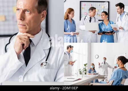 Collage of multiethnic hospital staff in medical masks using devices in clinic Stock Photo