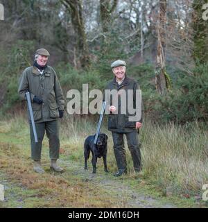 two men on a pheasant shoot with a labrador dog Stock Photo