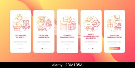 Business bankruptcy red onboarding mobile app page screen with concepts Stock Vector