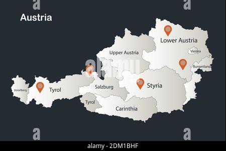 Austria map, Infographics flat design colors snow white, with names of individual regions vector Stock Vector