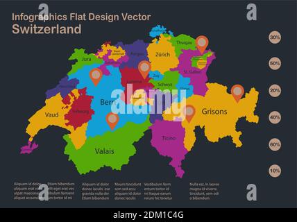 Infographics Switzerland map, flat design colors, with names of individual regions, blue background with orange points vector Stock Vector