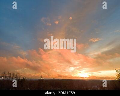 Panoramic aerial view of a beautiful sunset from above the tree tops of Old Bridge, New Jersey. -16 Stock Photo