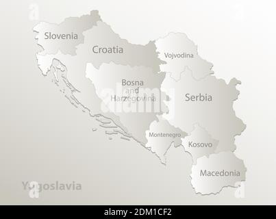 Yugoslavia map, administrative division, separates regions and names individual states, card paper 3D natural vector Stock Vector