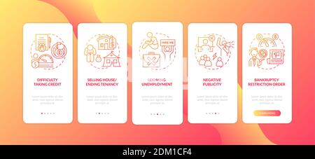 Bankruptcy negative impact red onboarding mobile app page screen with concepts Stock Vector