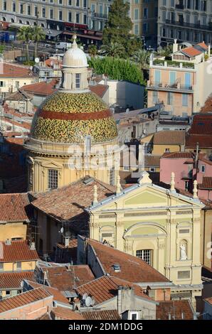 View over the Baroque Nice Cathedral or Saint Reparata (1650-1699) in the Old Town or Vieux-Nice Alpes-Maritimes France Stock Photo