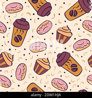 Seamless pattern with hand drawn donuts, cupcakes and coffee. Doodle decorative background. Vector illustration. Stock Vector