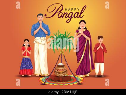 Happy Pongal celebration with sugarcane, Rangoli and pot of rice. Tamil family offering prayers. Indian cultural festival celebration concept illustra Stock Vector