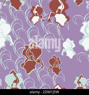 Vector seamless pattern with iris flowers on violet background. Abstract flowers wallpaper or textile design. Stock Vector