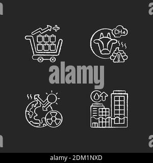 Global warming chalk white icons set on black background Stock Vector