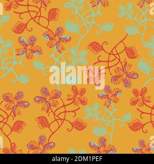Vector seamless pattern of abstract flowers in negative film style. Red and blue flowers on orange background. Design for wallpaper or textile. Stock Vector