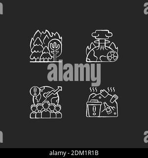 Global warming chalk white icons set on black background Stock Vector